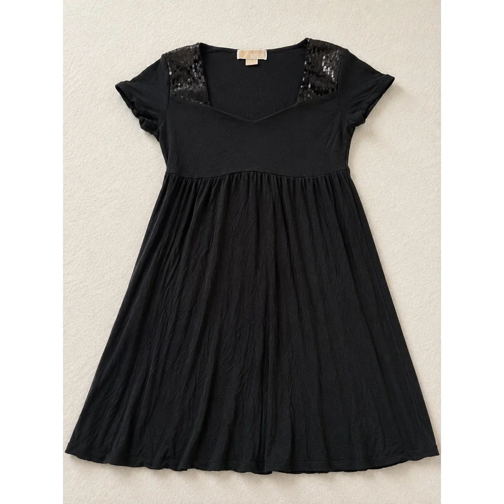 Michael Kors Black Sequin Shoulder Empire Waist Mini Dress   S